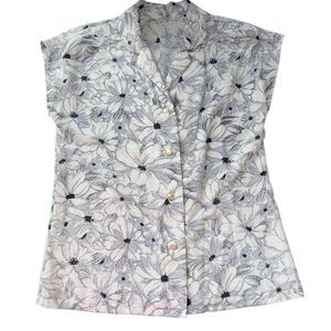 Vintage 1950s Collared Sleeveless Summer Blouse Satin  Black And White Floral M